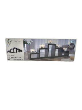 Order Home Collection 5 pc Tiered Wood Glass Votive Holder with Candles NIB